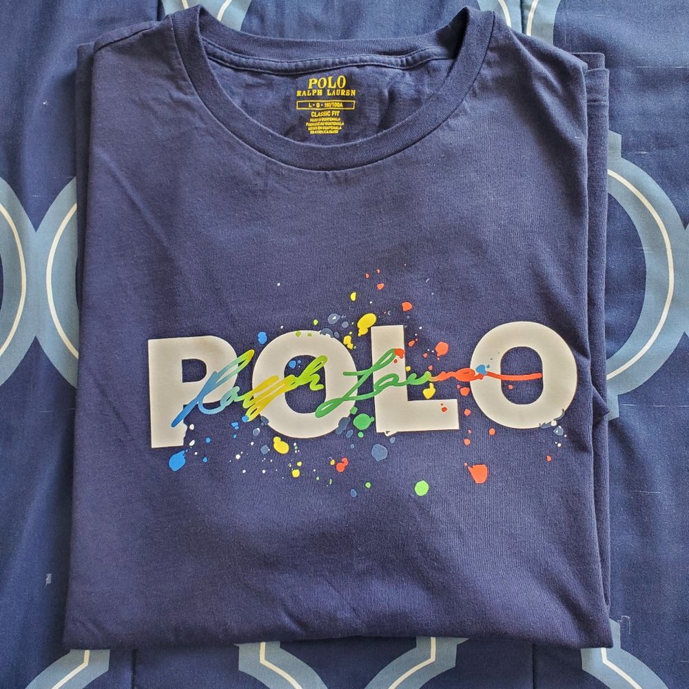 Large Navy Blue Polo t-shirt with multi-colored paint design